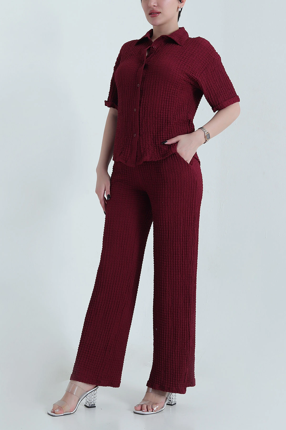 Bordo Gömlek Pantolon Gofre Kadın İkili Takım 449506