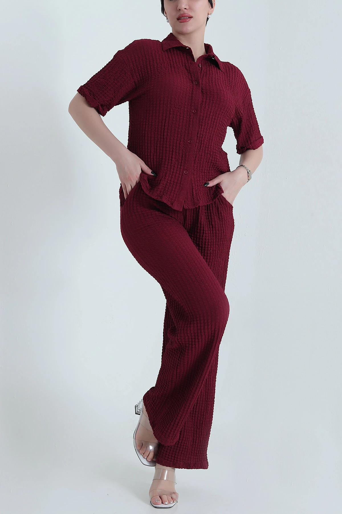 Bordo Gömlek Pantolon Gofre Kadın İkili Takım 449506