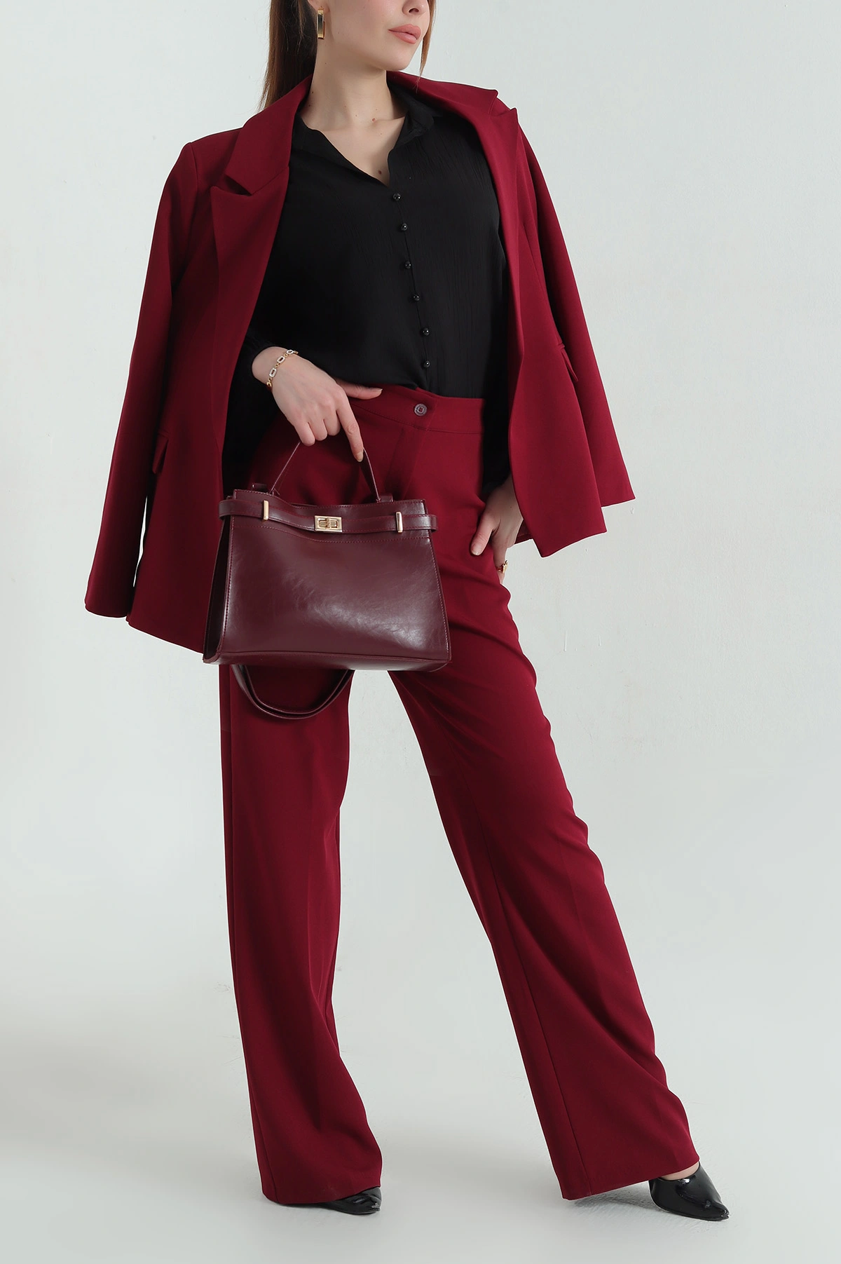 Bordo Ceket Pantolon Kadın İkili Takım 361816