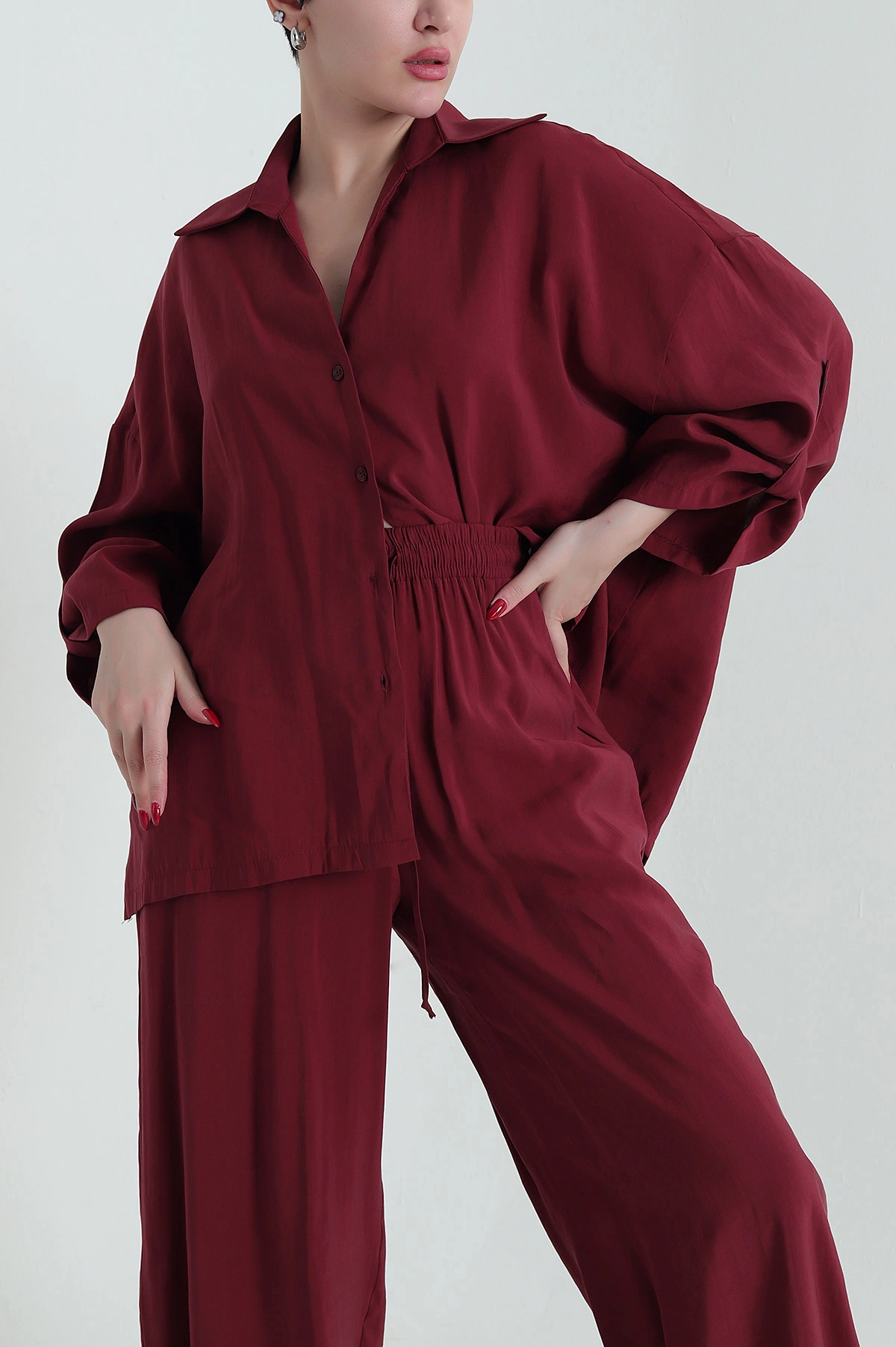 Bordo Gömlek Pantolon Modal Kadın İkili Takım 429882