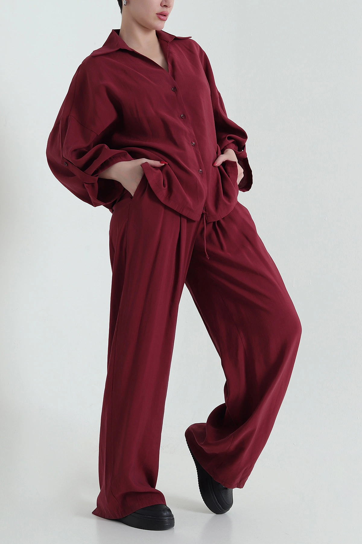 Bordo Gömlek Pantolon Modal Kadın İkili Takım 429882