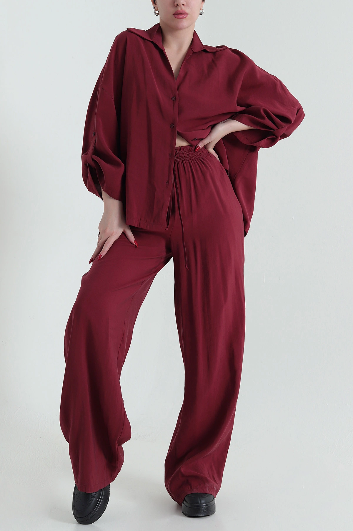 Bordo Gömlek Pantolon Modal Kadın İkili Takım 429882