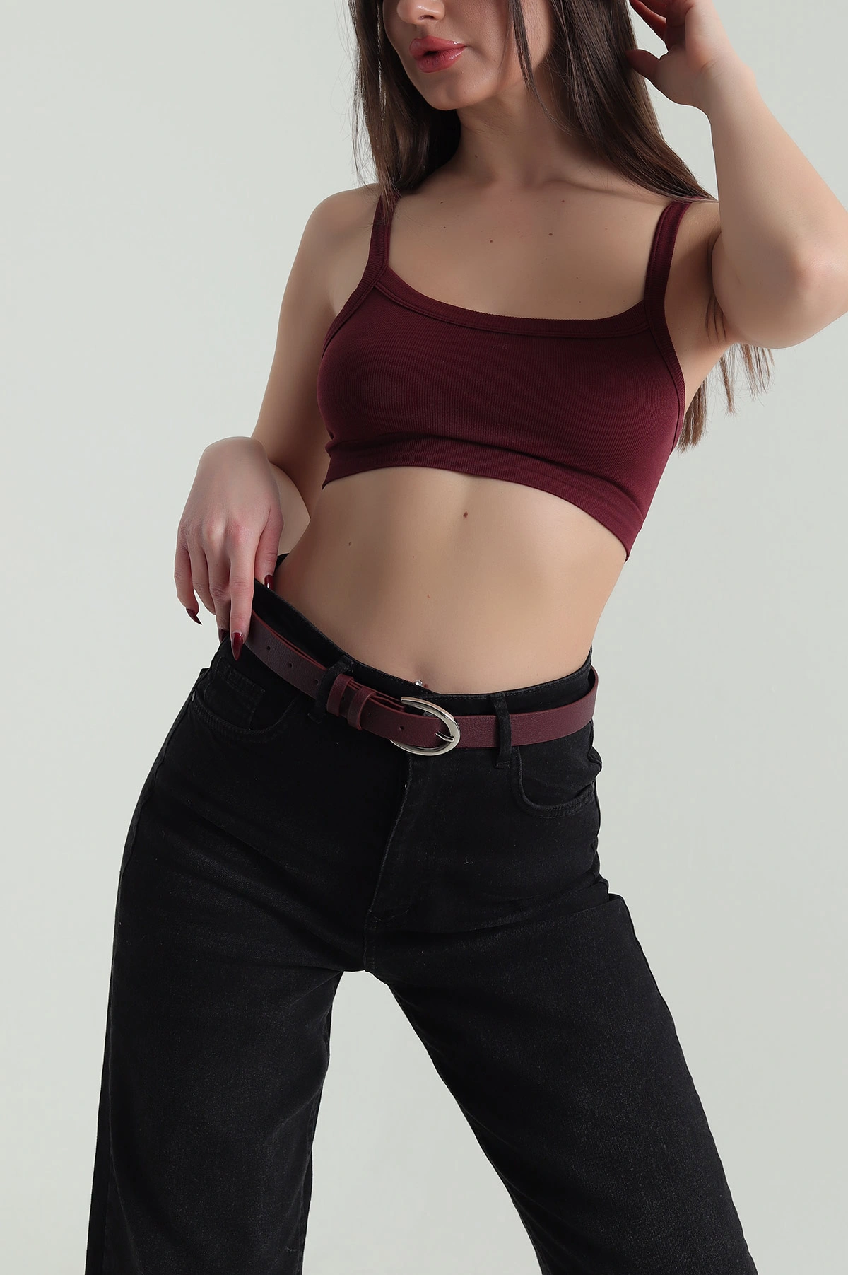 Bordo Gümüş Toka Detaylı Kadın Kemer 421506