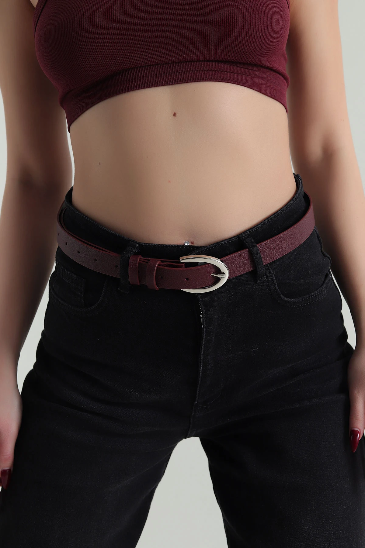 Bordo Gümüş Toka Detaylı Kadın Kemer 421506