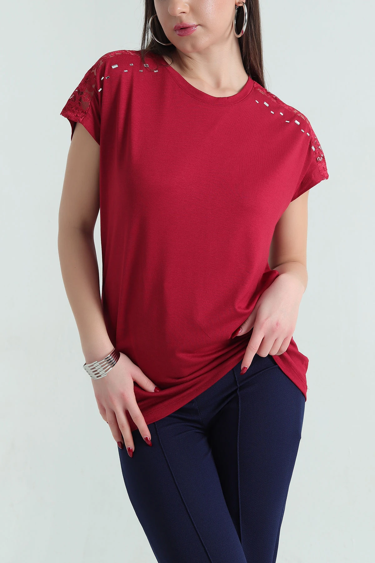 Bordo Güpürlü Taşlı Çilek Kumaş Bluz 334560