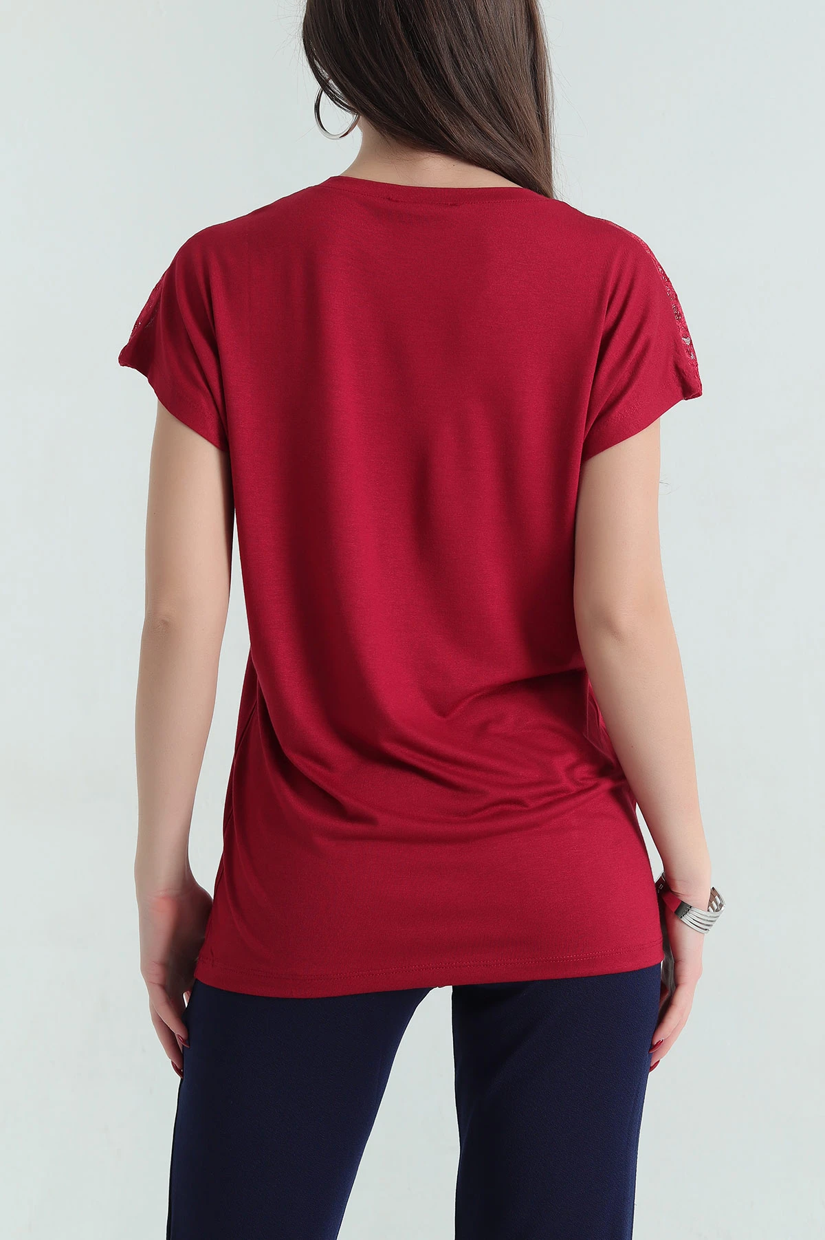 Bordo Güpürlü Taşlı Çilek Kumaş Bluz 334560