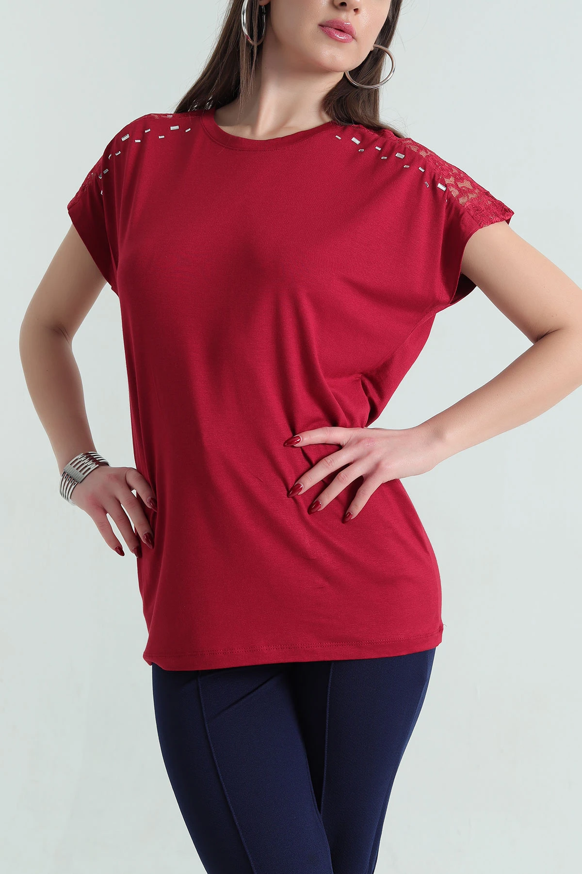 Bordo Güpürlü Taşlı Çilek Kumaş Bluz 334560