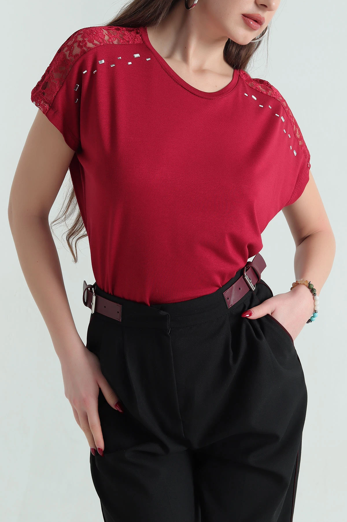 Bordo Güpürlü Taşlı Viskon Bluz 335911