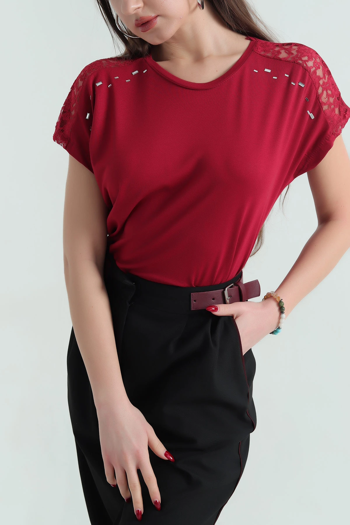 Bordo Güpürlü Taşlı Viskon Bluz 335911