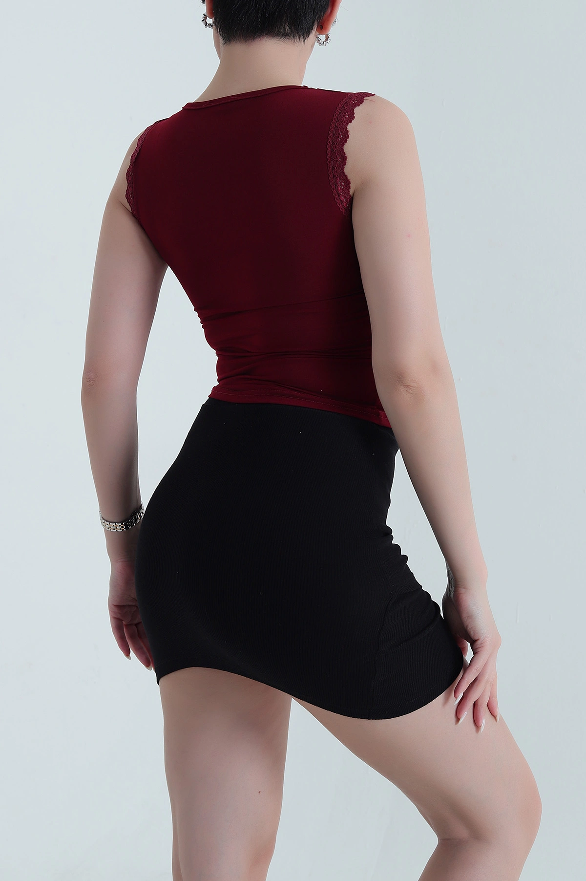 Bordo Güpürlü V Yaka Kolsuz Sandy Kadın Bluz 450763