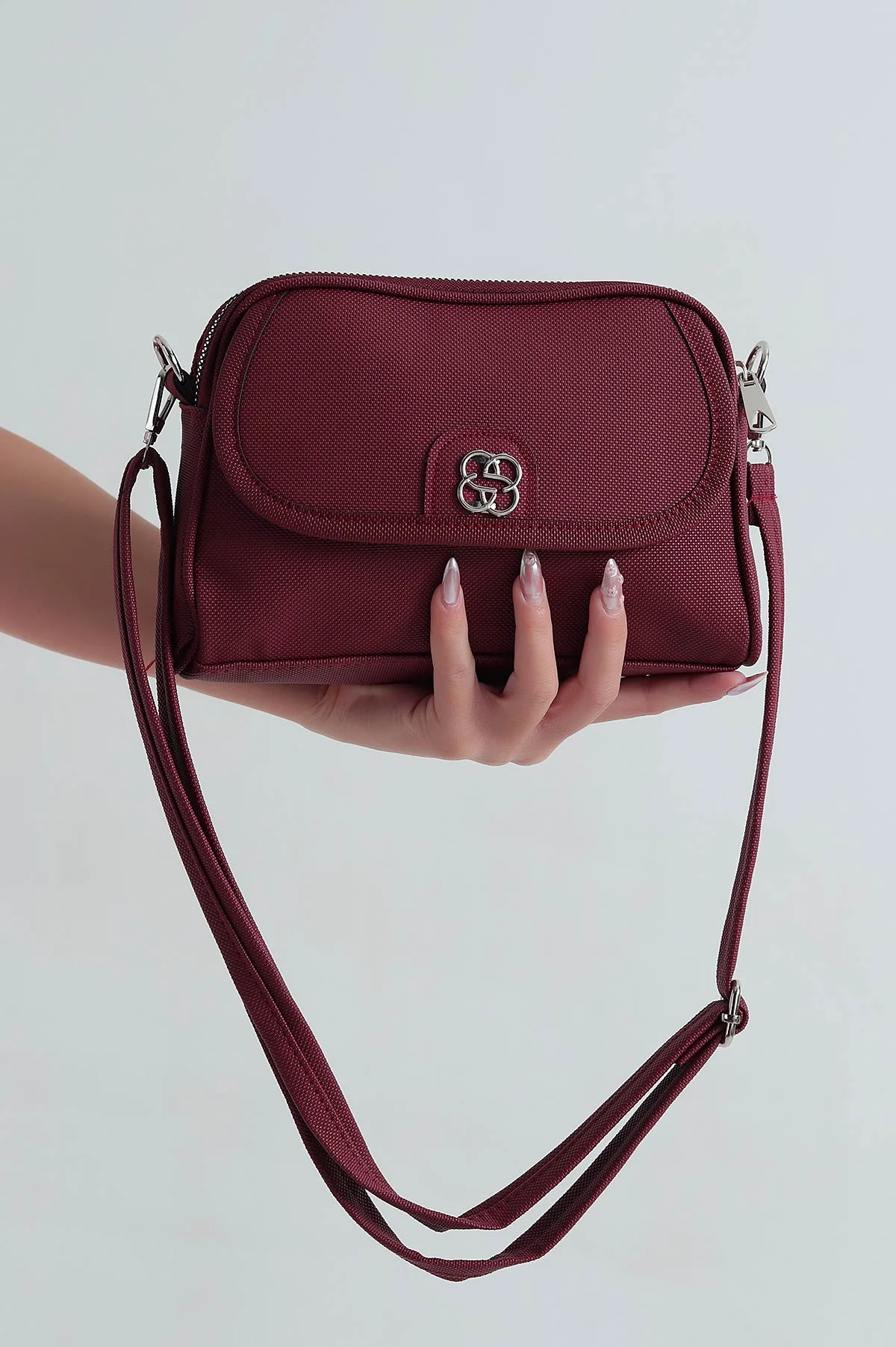 Bordo İki Gözlü Fermuarlı Omuz Çantası 377584