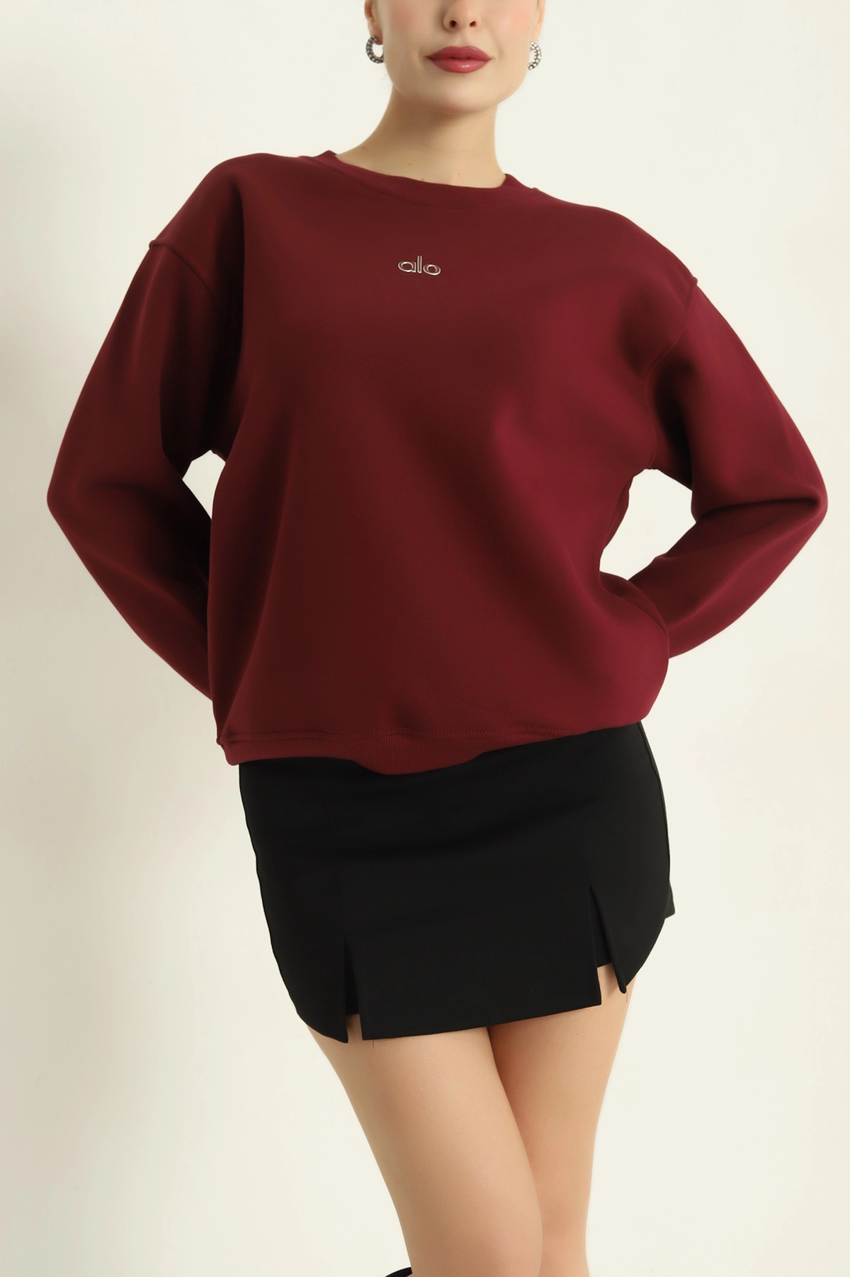 Bordo İki İp Baskılı Şardonlu Bayan Sweat 328311