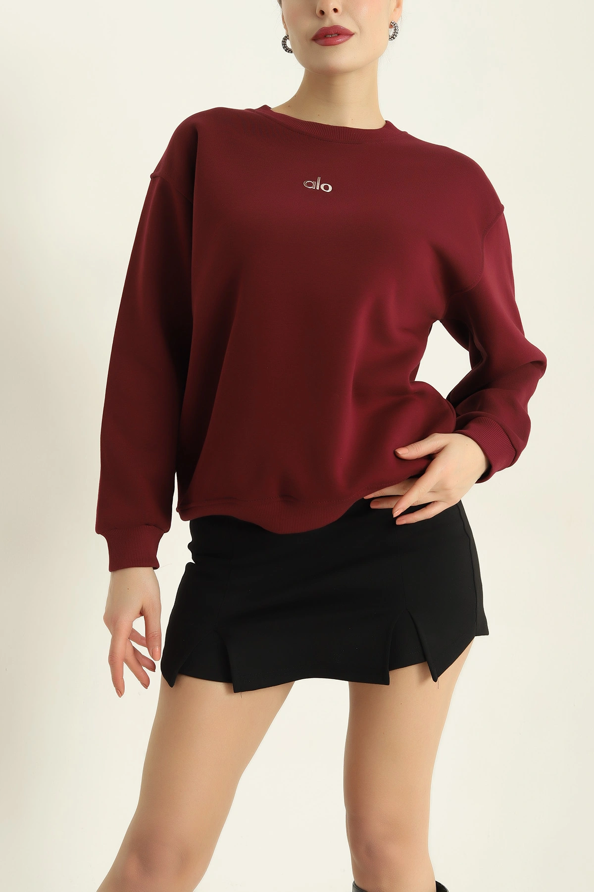Bordo İki İp Baskılı Şardonlu Bayan Sweat 328311