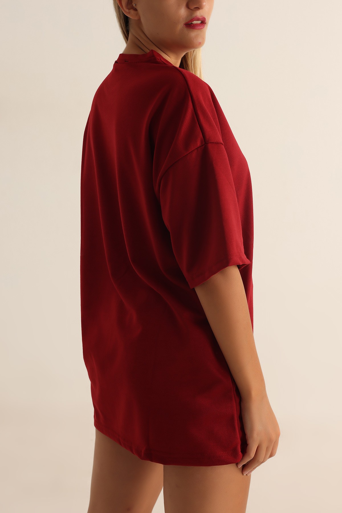 Bordo İki İp Oversize Tişört 193604