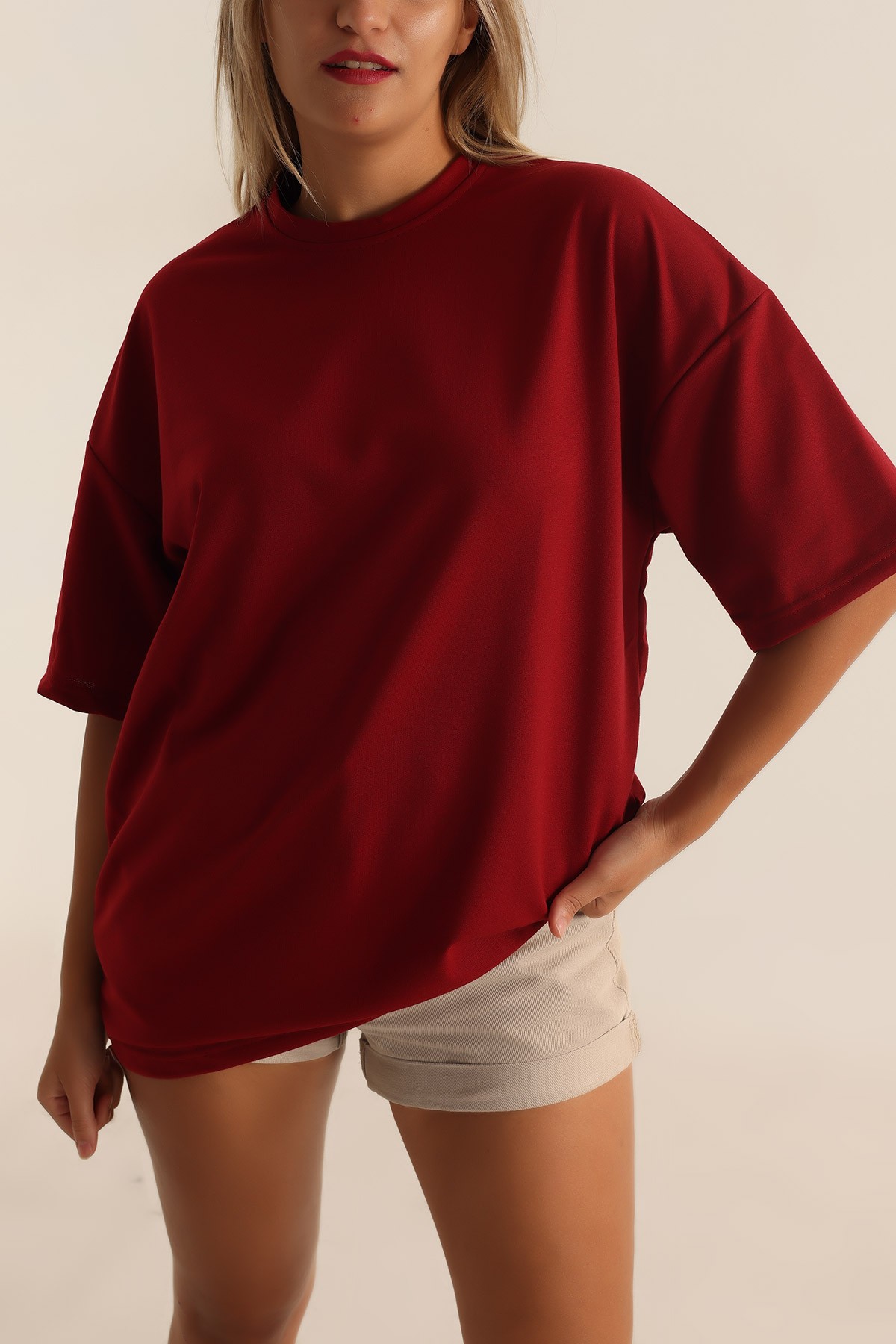 Bordo İki İp Oversize Tişört 193604