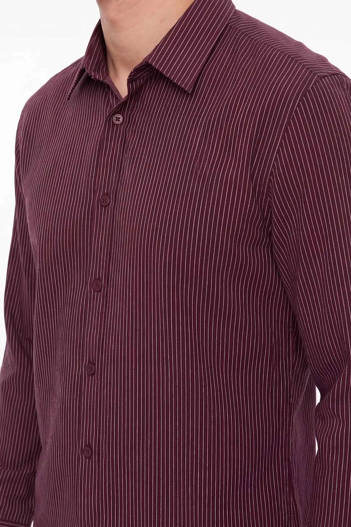 Bordo İnce Çizgili  Keten Uzun Kol   Erkek Gömlek 471861