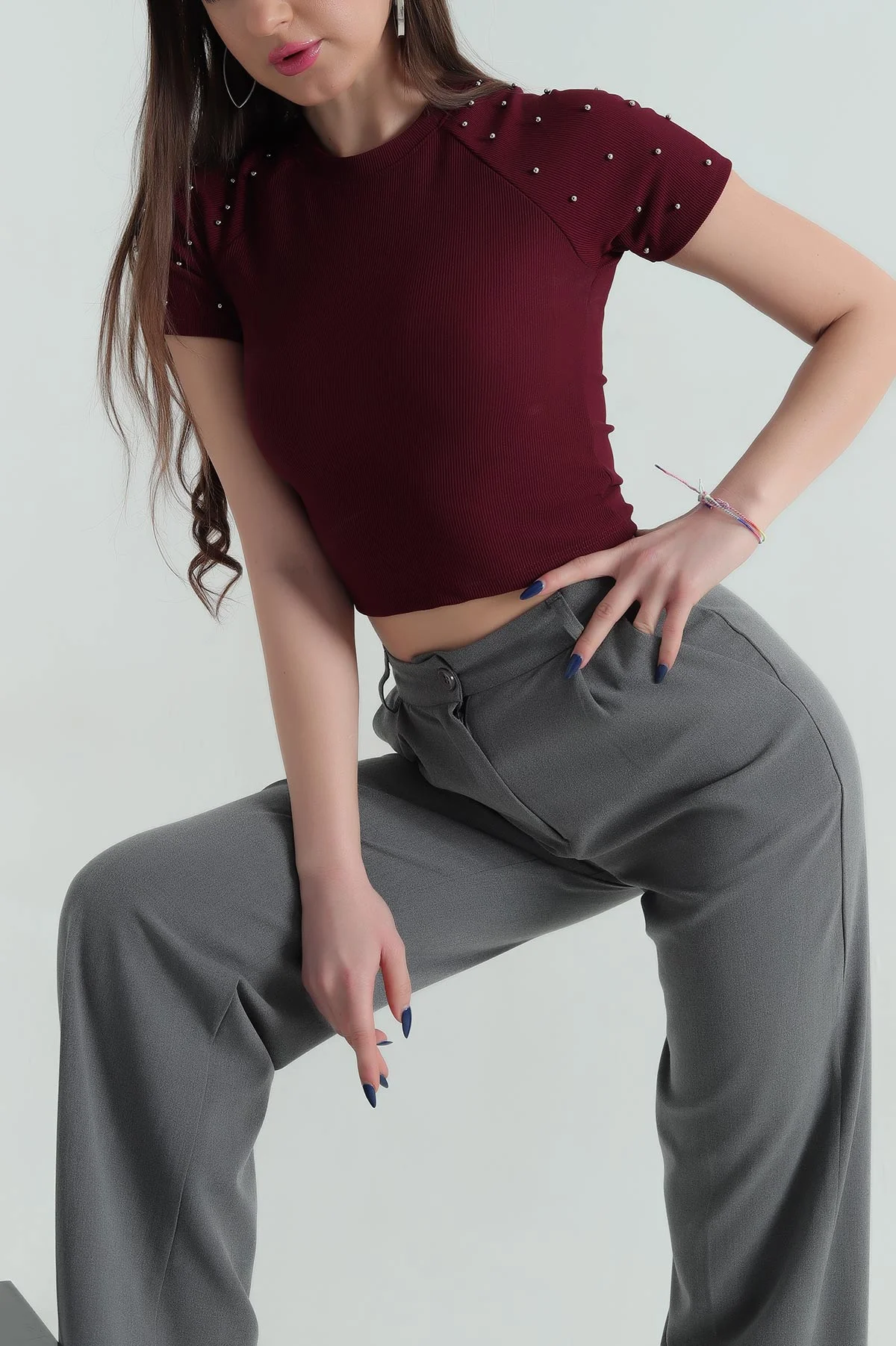 Bordo İnci Detay Ottoman Kadın Bluz 348420