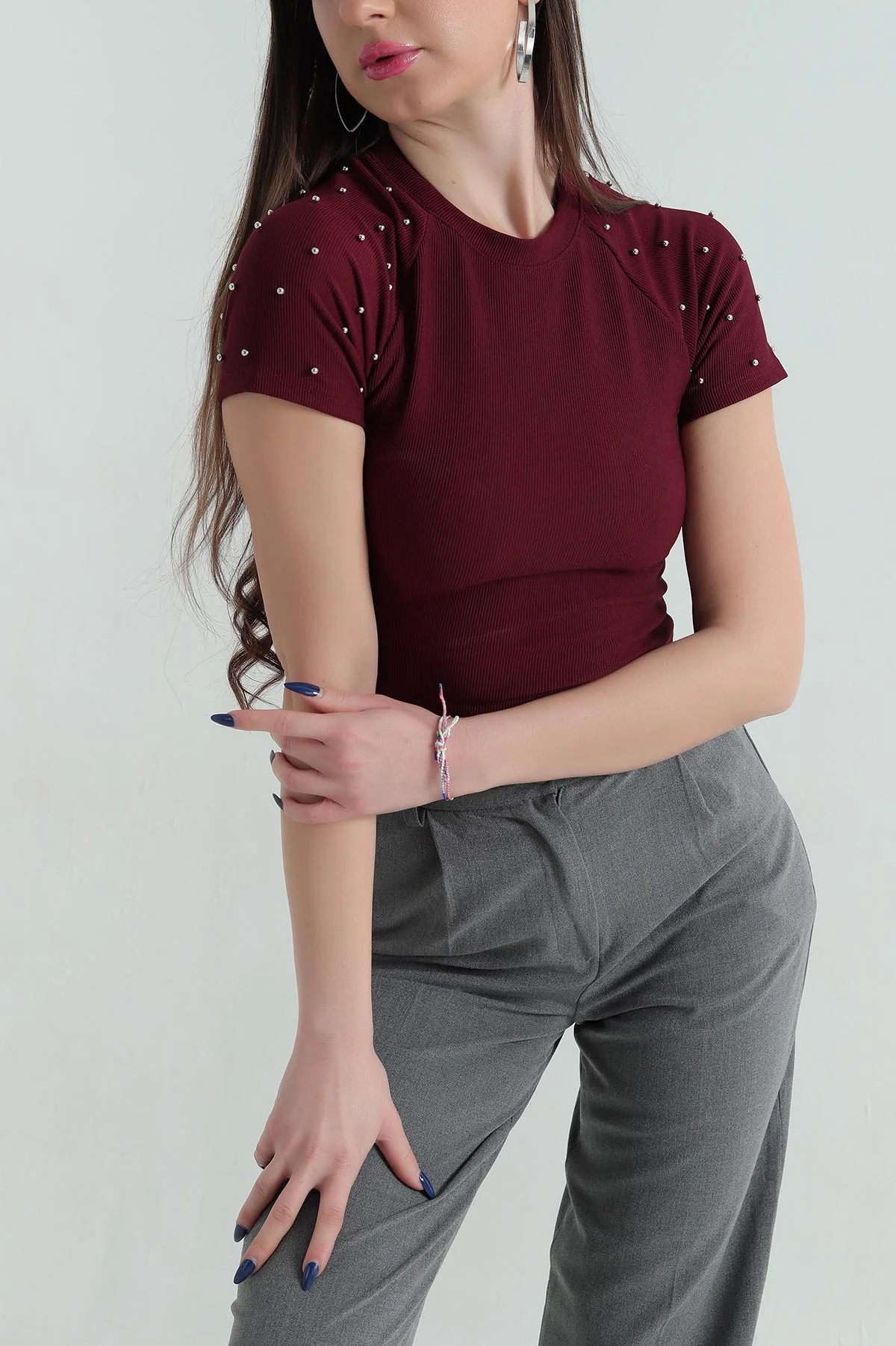 Bordo İnci Detay Ottoman Kadın Bluz 348420
