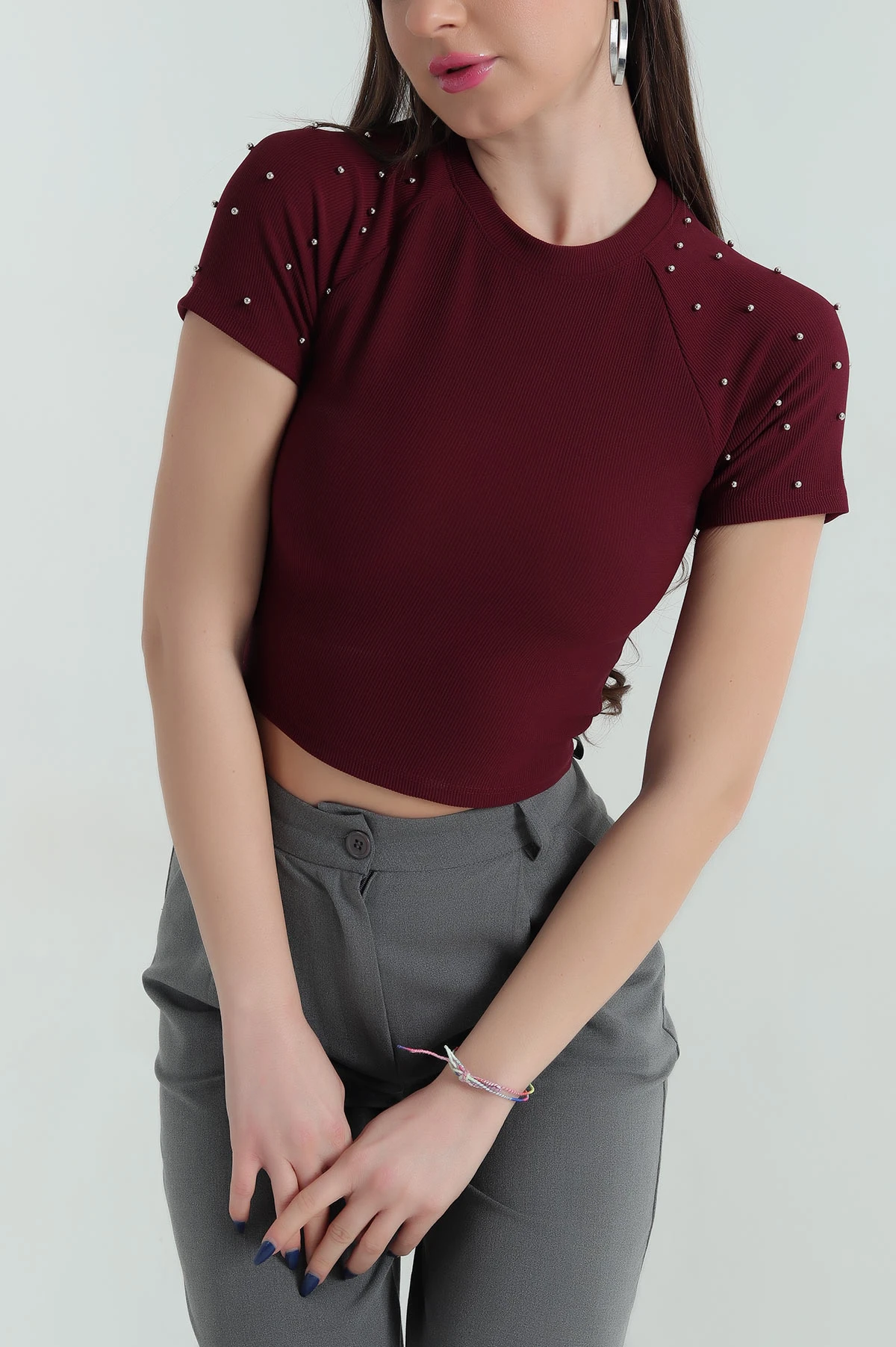 Bordo İnci Detay Ottoman Kadın Bluz 348420