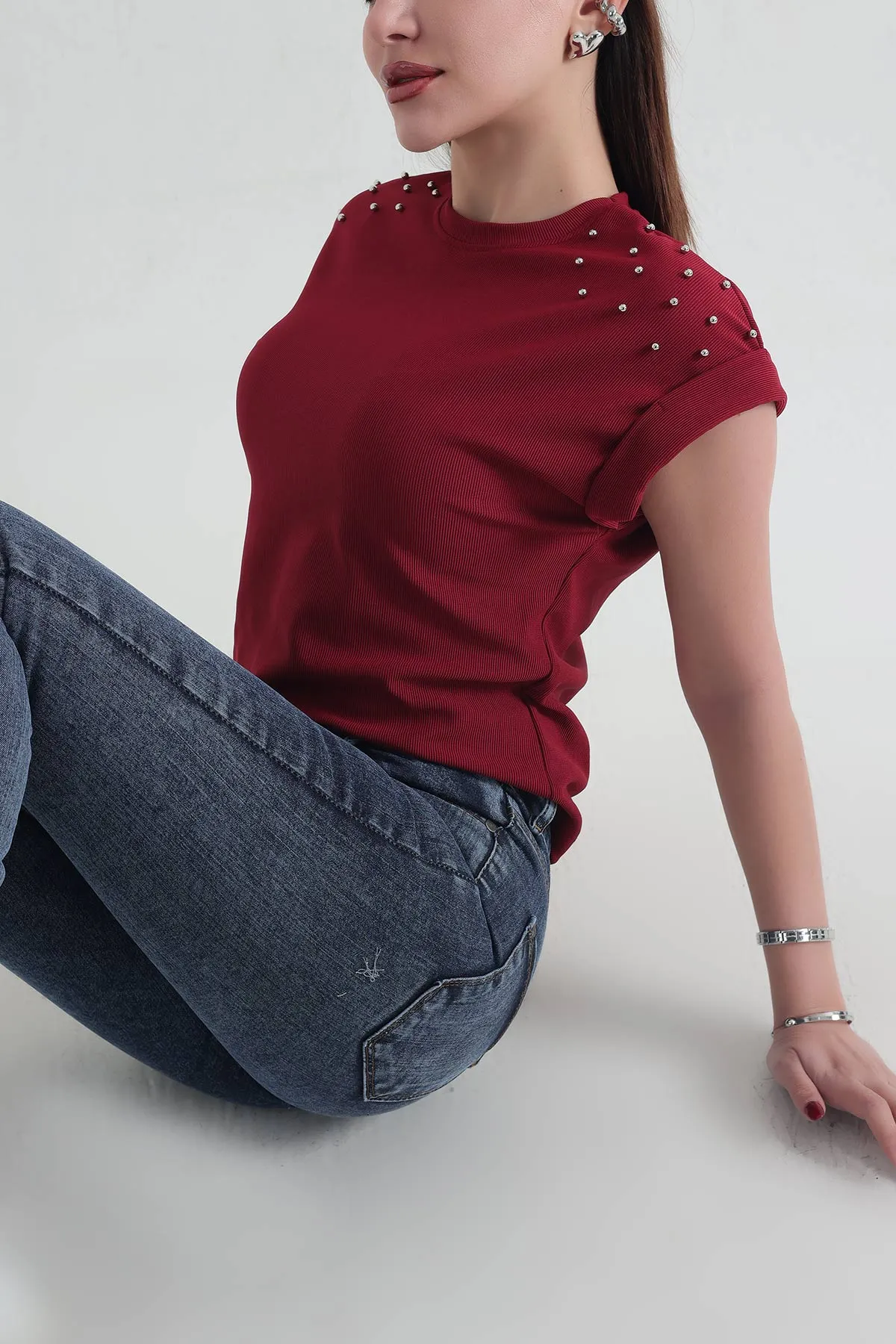 Bordo İnci Detay Ottoman Likralı Bluz 337546