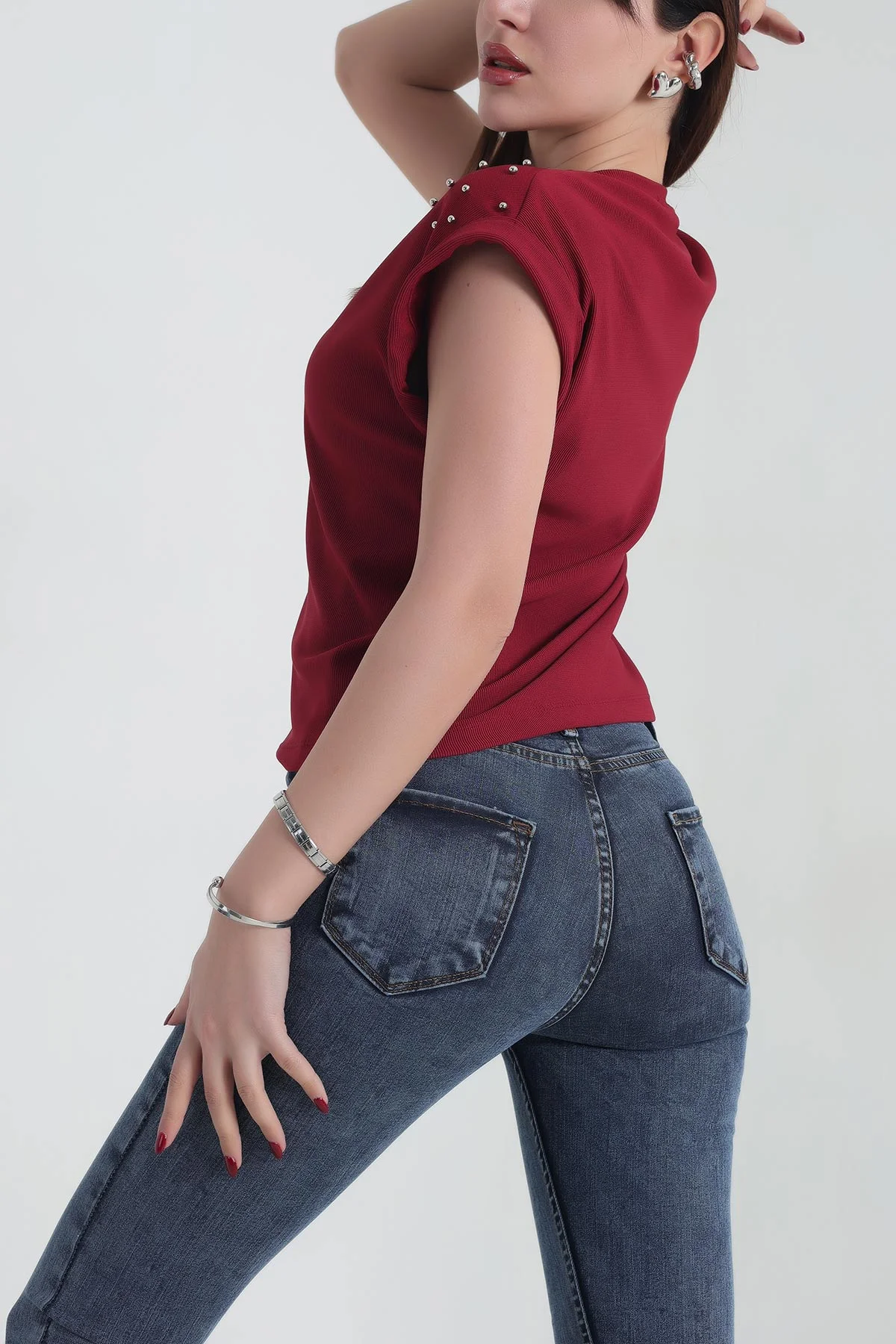 Bordo İnci Detay Ottoman Likralı Bluz 337546