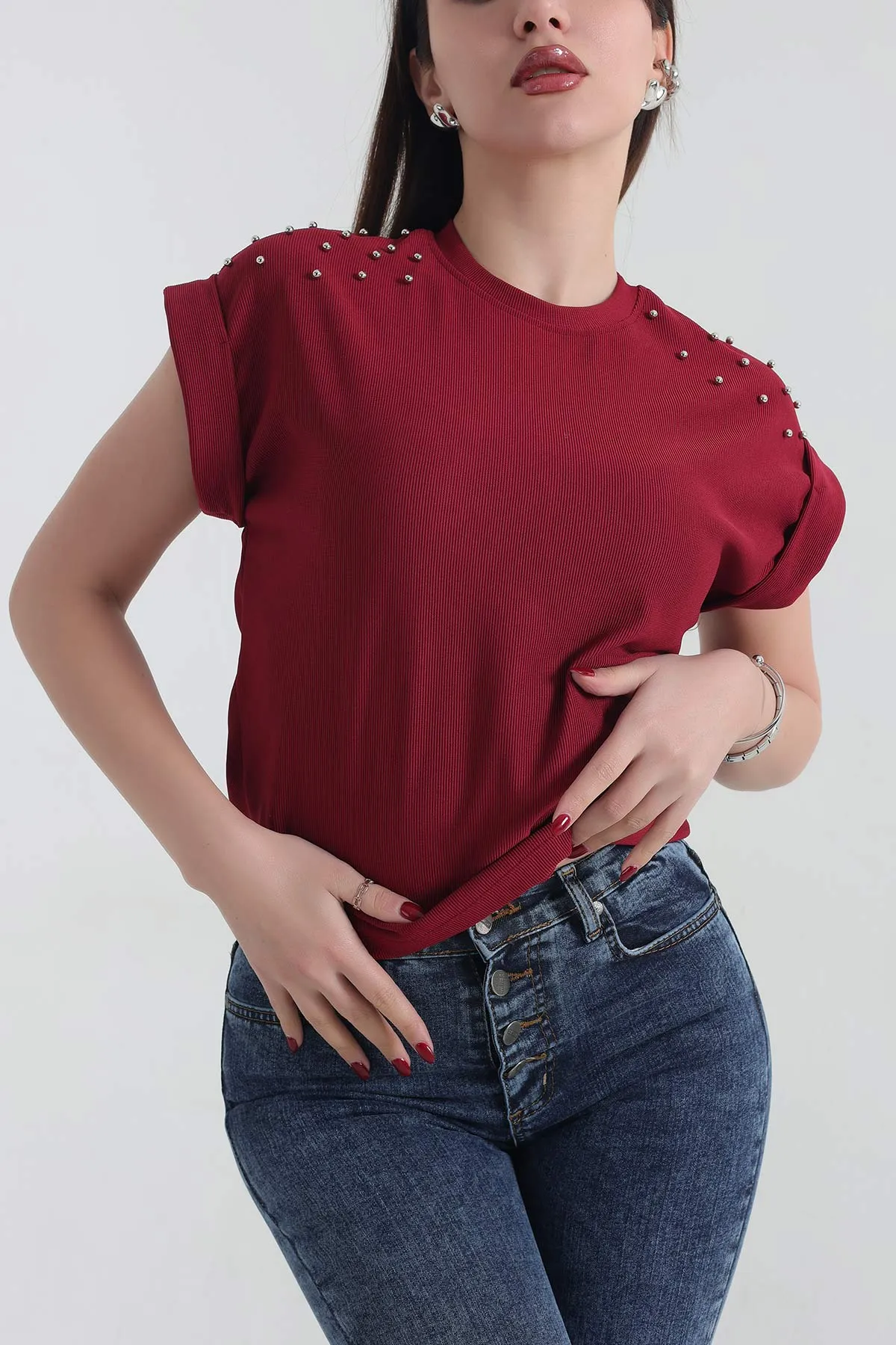 Bordo İnci Detay Ottoman Likralı Bluz 337546