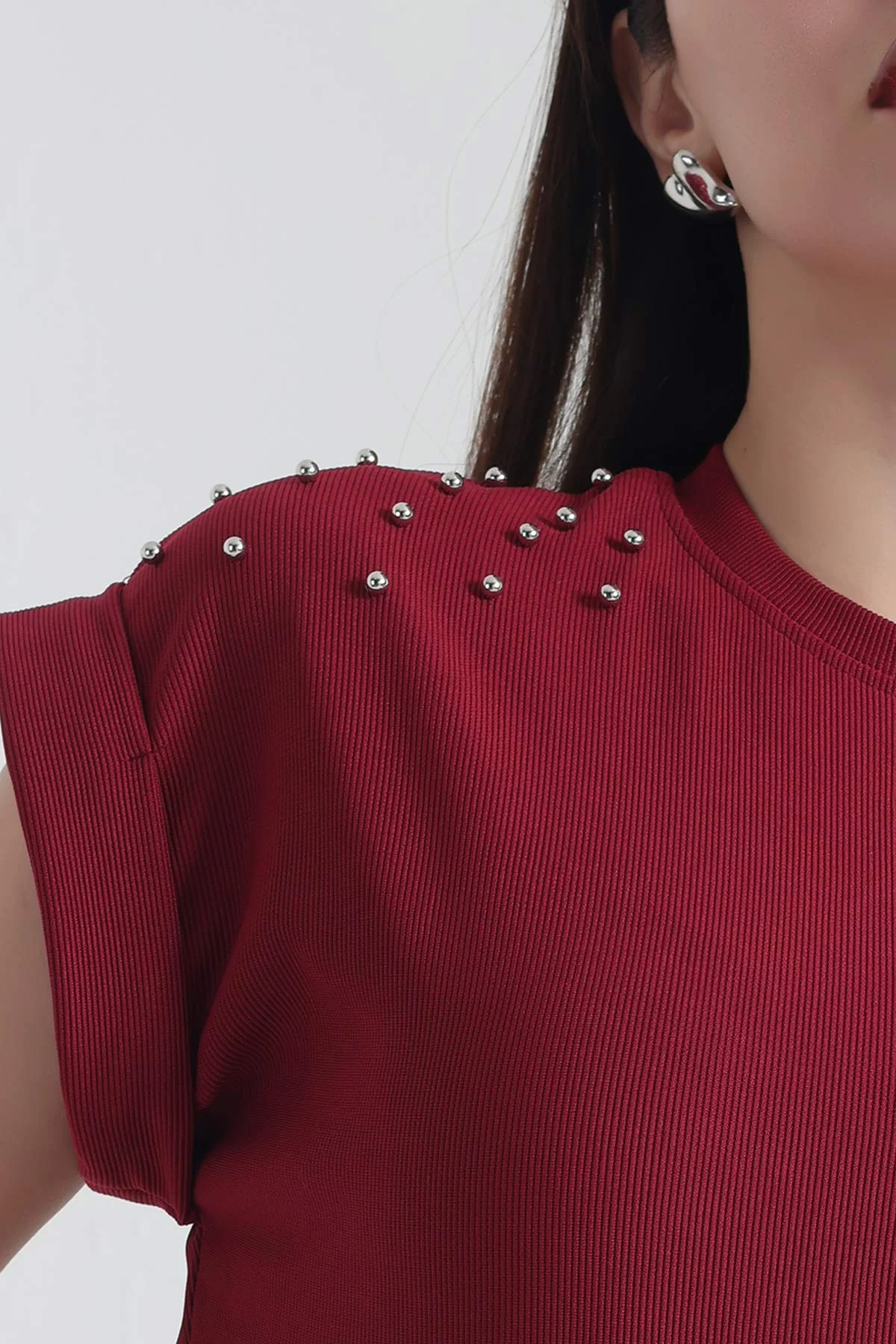 Bordo İnci Detay Ottoman Likralı Bluz 337546
