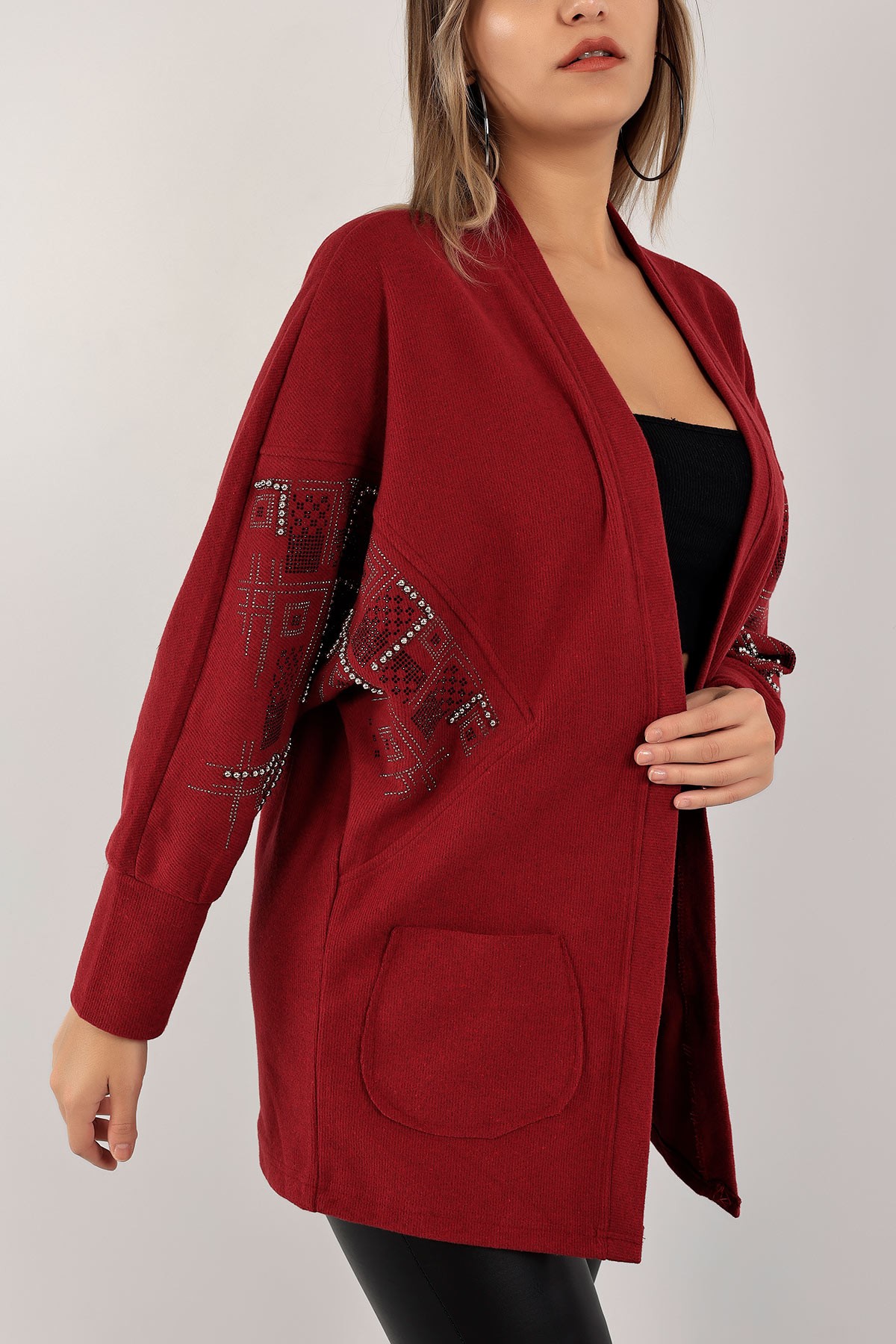 Bordo İncili Cepli Bayan Triko Hırka 129998