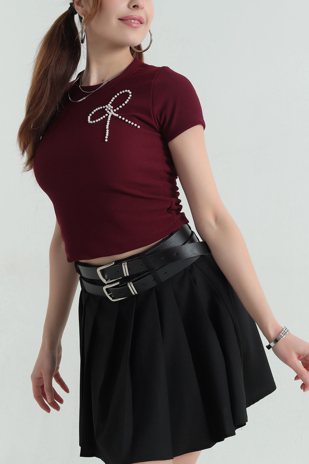 Bordo İncili Tasarım Ottoman Kadın Bluz 349866