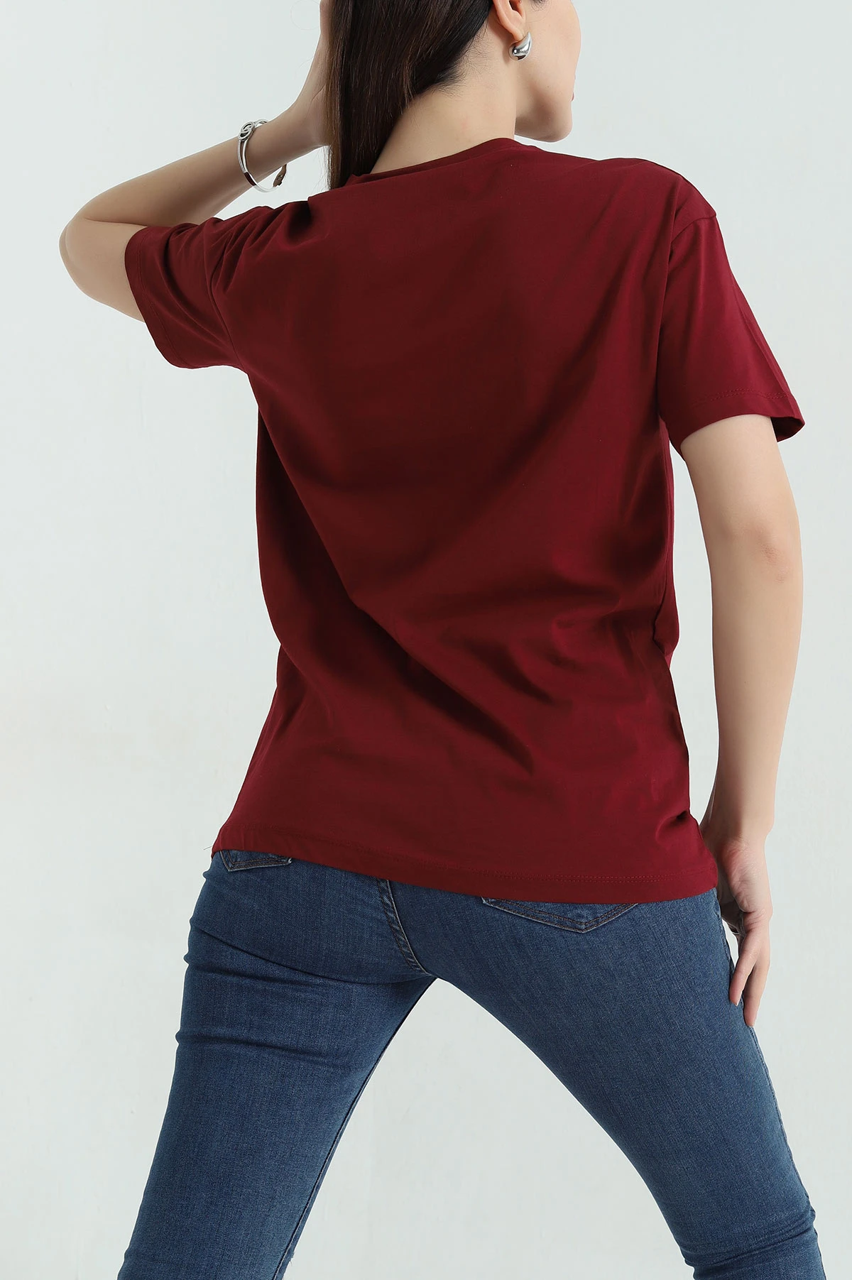Bordo İncili Taşlı Süprem Kadın Tişört 347070