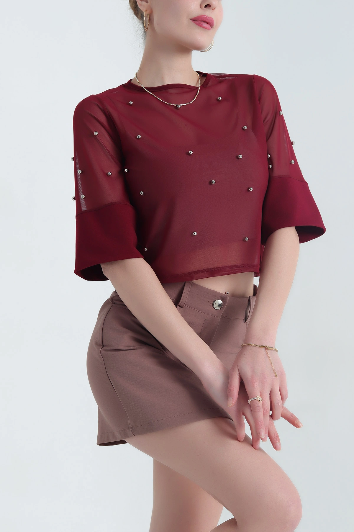 Bordo İncili Tül Tasarım Kadın Bluz 345189