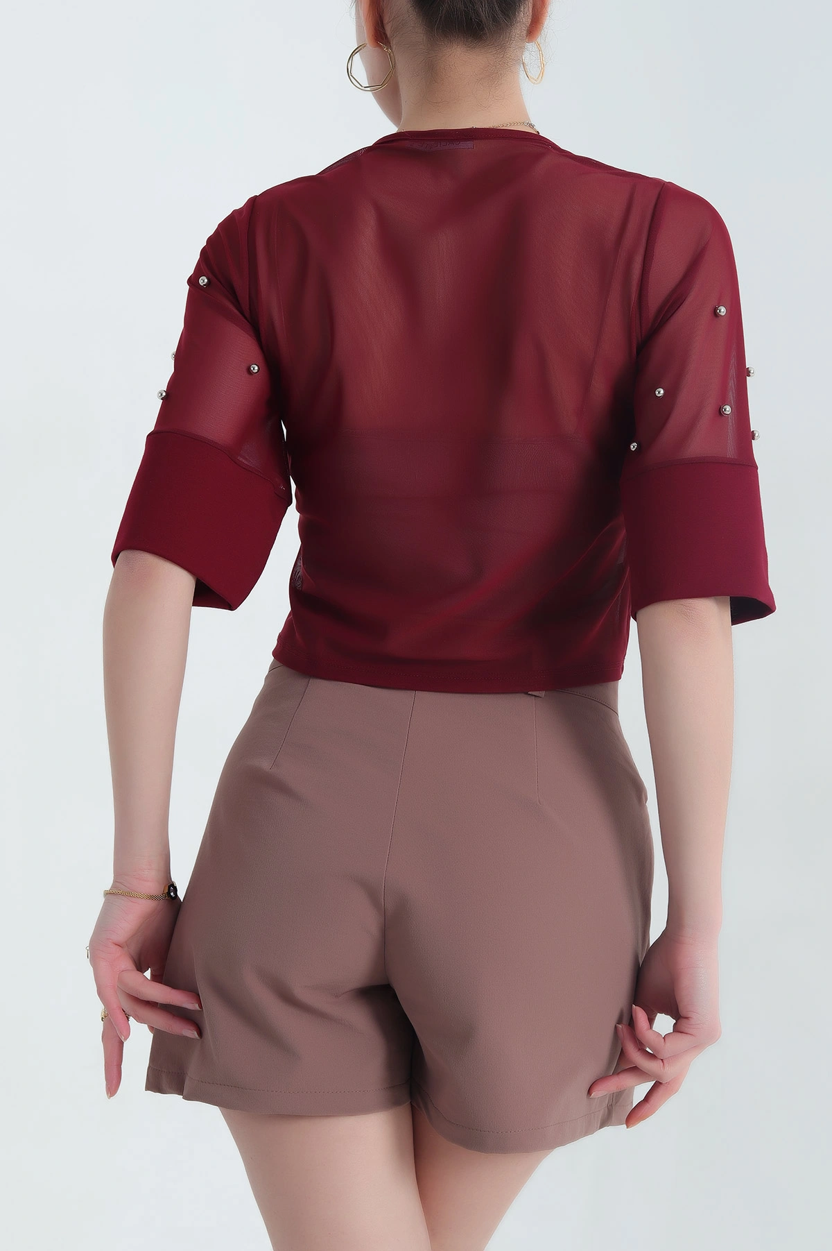Bordo İncili Tül Tasarım Kadın Bluz 345189