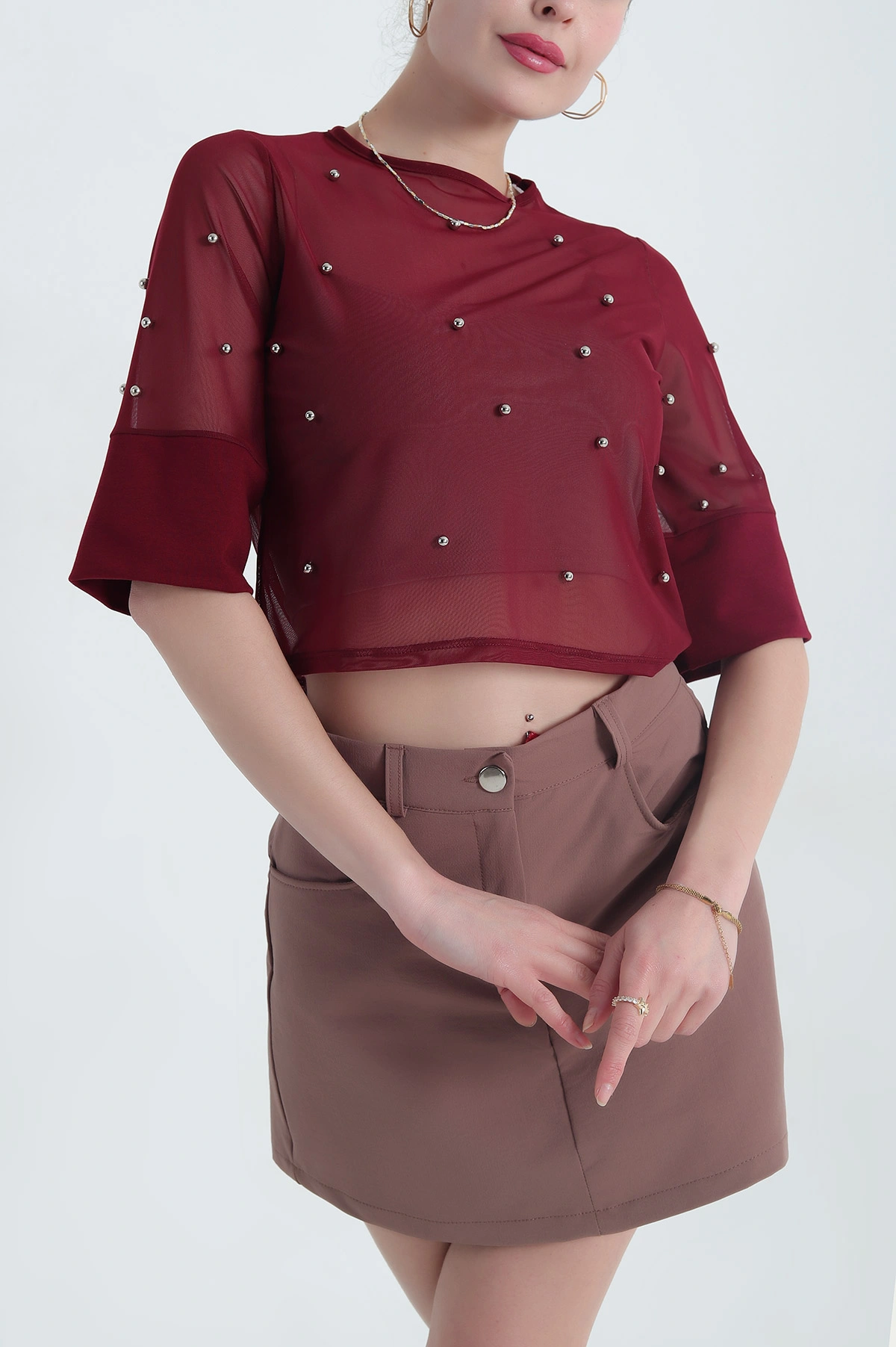 Bordo İncili Tül Tasarım Kadın Bluz 345189