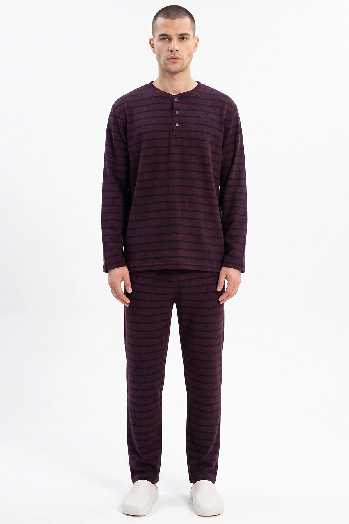 Bordo İnterlok Kumaş Düğme Detaylı Erkek Uzun Kollu Pijama Takımı 500915