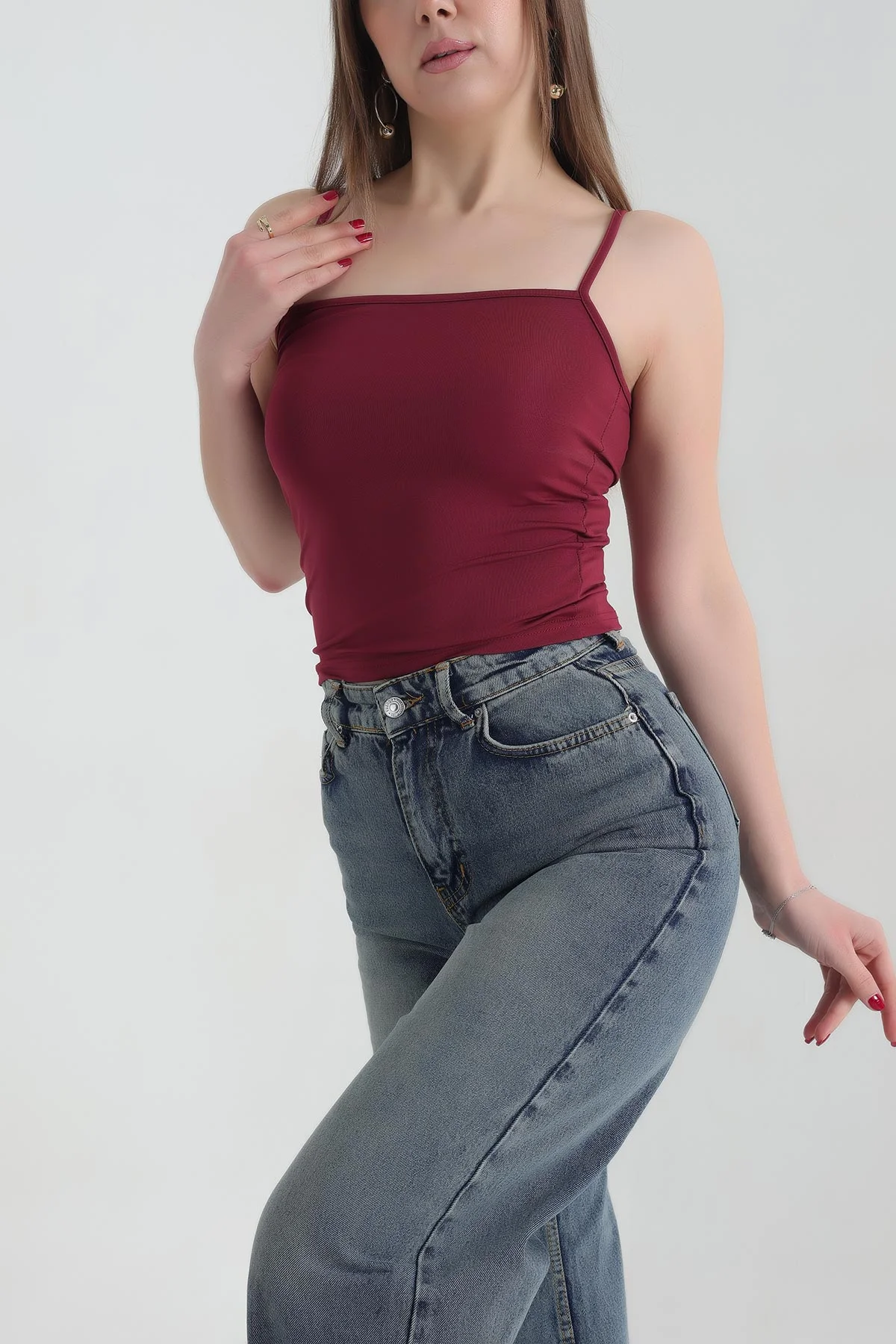 Bordo İp Askılı Likralı Sandy Bluz 337398