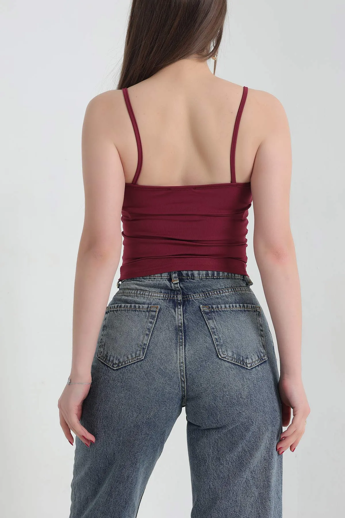 Bordo İp Askılı Likralı Sandy Bluz 337398