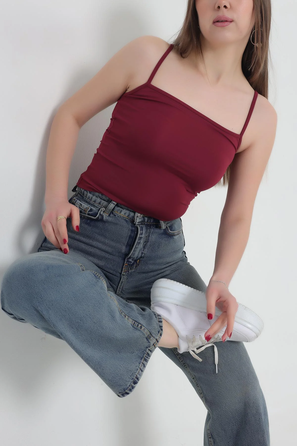 Bordo İp Askılı Likralı Sandy Bluz 337398