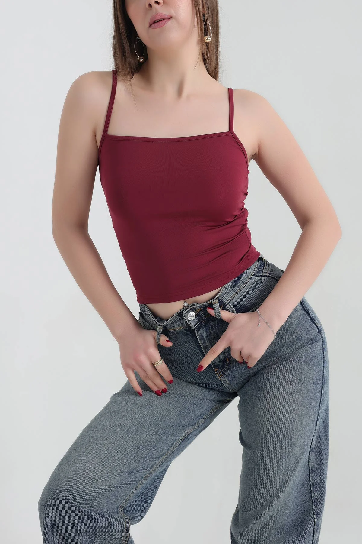 Bordo İp Askılı Likralı Sandy Bluz 337398