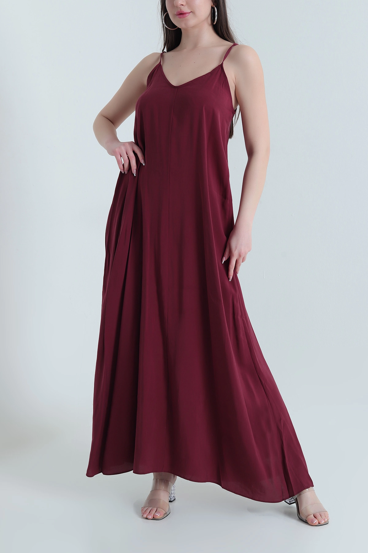Bordo İp Askılı Tencel Kadın Elbise 451191