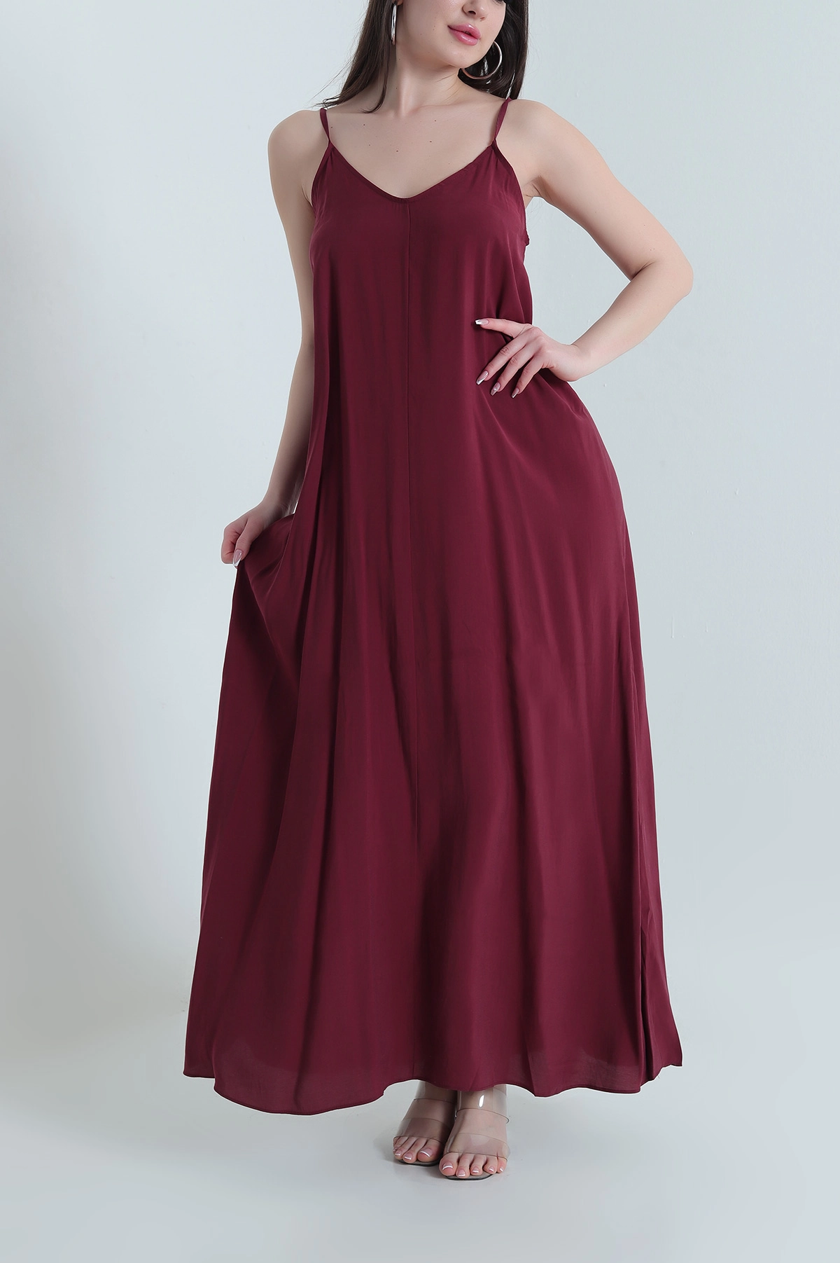 Bordo İp Askılı Tencel Kadın Elbise 451191