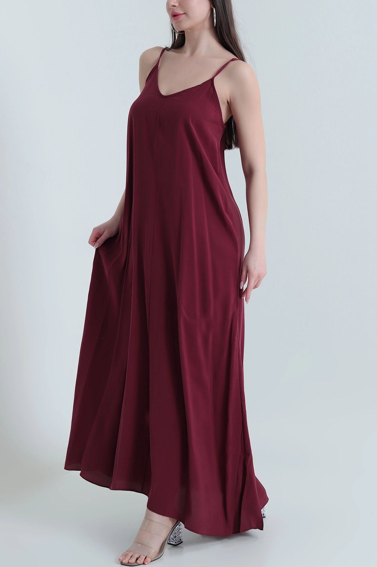 Bordo İp Askılı Tencel Kadın Elbise 451191