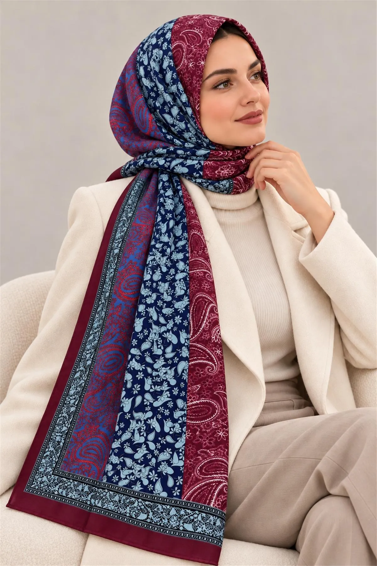 Bordo İthal Çift Tarafı Baskılı Şal Desenli Kadın Yumuşak Dokulu Şal 498764