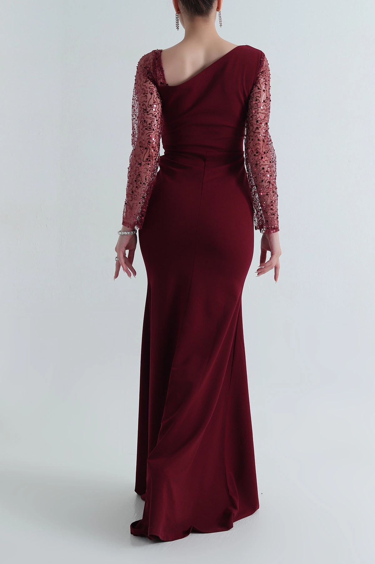 Bordo İthal Crep Kadın Pul Payetli Abiye 398079