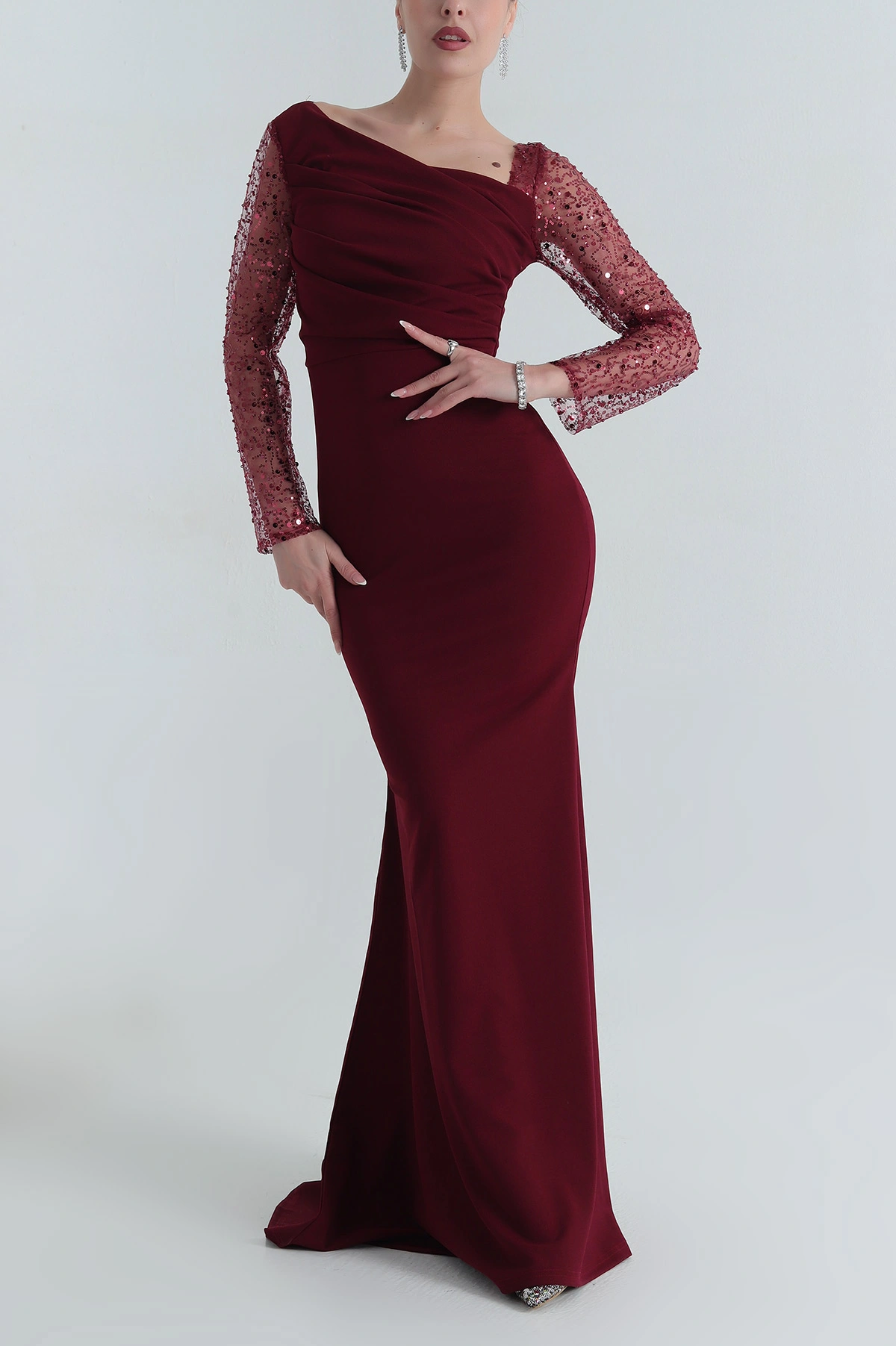 Bordo İthal Crep Kadın Pul Payetli Abiye 398079