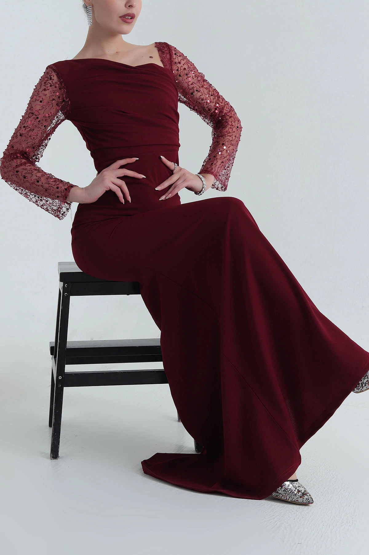 Bordo İthal Crep Kadın Pul Payetli Abiye 398079