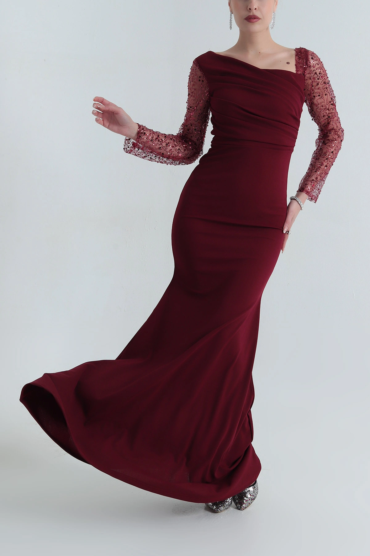 Bordo İthal Crep Kadın Pul Payetli Abiye 398079