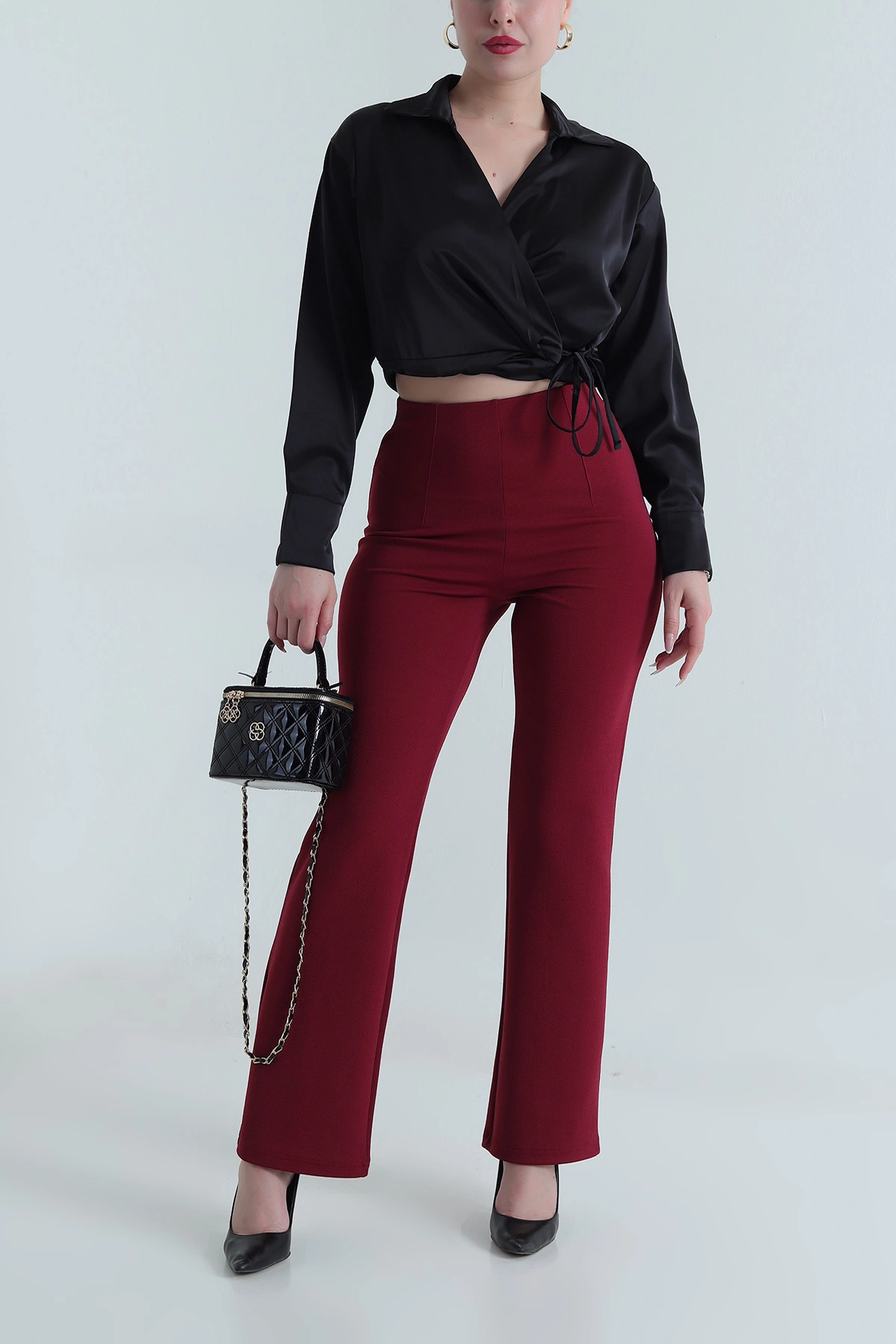 Bordo Jakarlı Crep Likralı Kadın Pantolon 491083