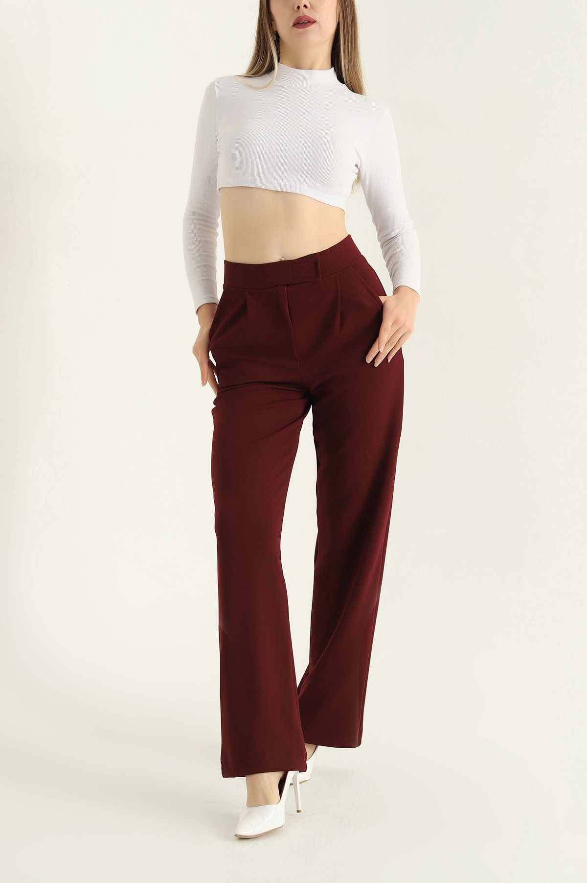 Bordo Jakarlı Palazzo Bayan Pantolon 312411