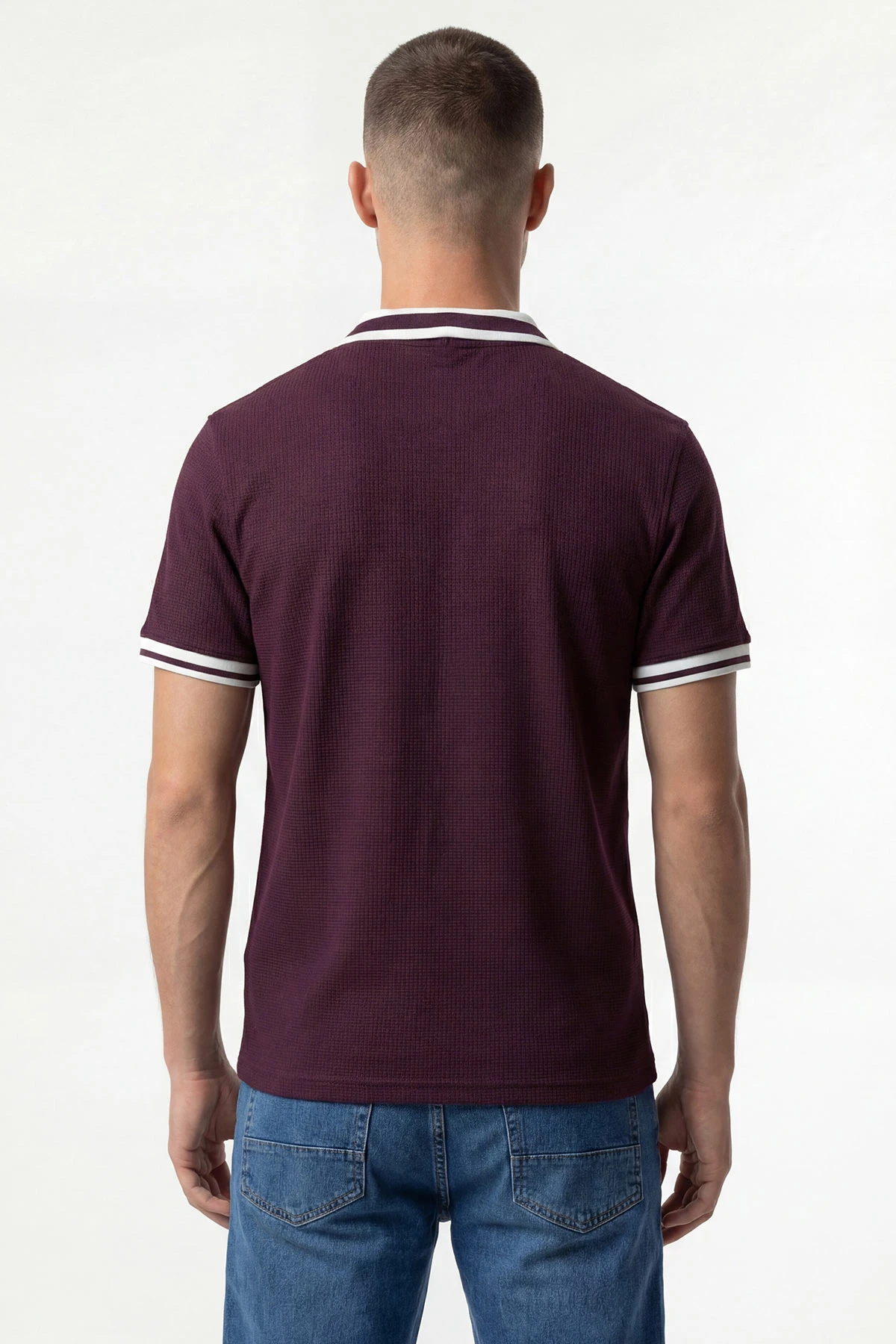 Bordo Jakarlı Yarım Fermuarlı Polo Yaka Erkek Tişört 435335