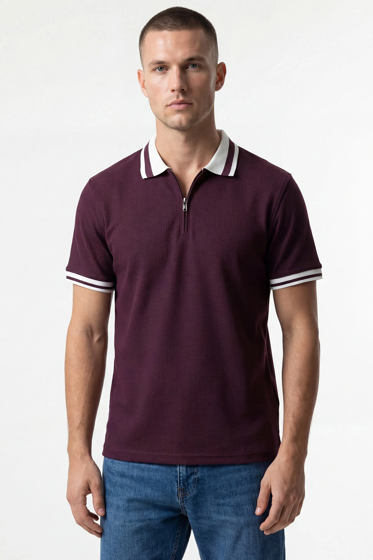 Bordo Jakarlı Yarım Fermuarlı Polo Yaka Erkek Tişört 435335
